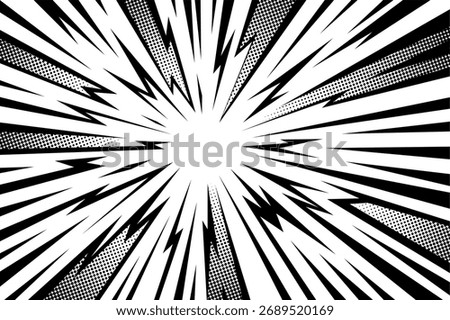 Manga thunder background mixes anime comic line rays with halftone texture in radial burst. Manga thunder bg vector suits lightning overlay, action shock frame, or abstract pop art element.