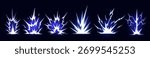 Manga thunder effect with comic bolt lightening lightning vector burst. Manga thunder explosion crack works in bg set. Electric strike sprite for game vfx, power impact or digital blast asset.