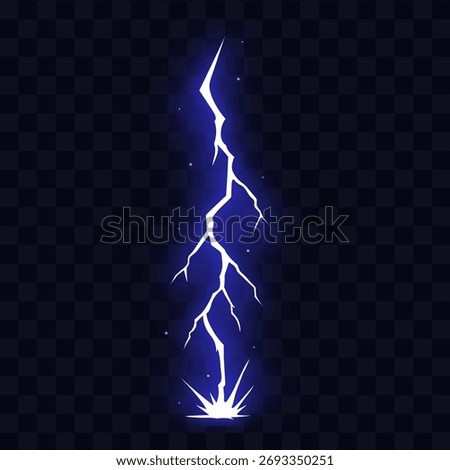 Manga thunder effect outlines comic power when energy manga bolt hits straight spark. Manga thunder vertical strike makes narrow glowing line with flash isolated on transparent background.