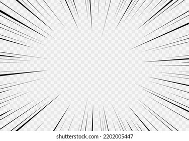 Manga transparent background. Comic explosion, motion speed vector radial lines of action effect. Anime comics book abstract frame with black pattern of superhero action lines, explosion or burst rays