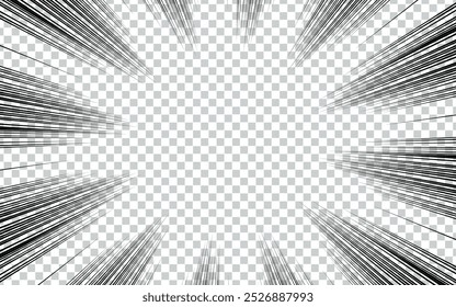 Manga transparent background, explosion action and speed effect, vector radial lines. Manga comic book background