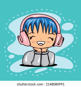 manga vector illustration of cute chibi wearing headphones