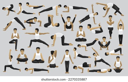 Manga Yoga Man Poses Characters Cartoon Vektor