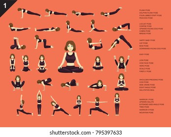 Manga Yoga Woman Easy Poses Set Cartoon Vector Illustration