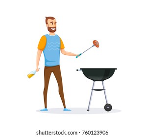 Mangal with barbecue, cutlery, coals, fire, sauces, condiments. Man is preparing fresh, juicy, delicious meat steak on grill. Barbecue grill meat, home dinner. Illustration in cartoon style