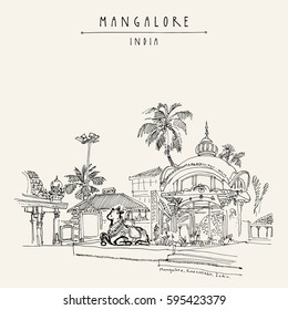 Mangalore, Karnataka, India. Holy cow statue in Kudroli Hindu temple (Gokarnanath). Travel sketch. Vintage hand drawn postcard template. Vector