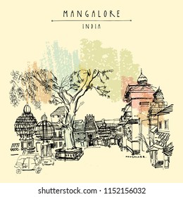 Mangalore, Karnataka, India. Temple square. Hindu temples and holiday carscars. Rikshaw stand. trees. Travel sketch. Vintage hand drawn postcard template. Vector