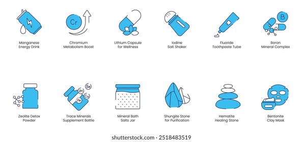 Bebida energética de manganeso, aumento del metabolismo del cromo, cápsula de litio para el bienestar, coctelera de sal de yodo, tubo de pasta de dientes de fluoruro, complejo mineral de boro, polvo de desintoxicación de zeolita, iconos de minerales de rastro 