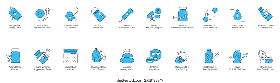 Bebida energética de manganeso, aumento del metabolismo del cromo, cápsula de litio para el bienestar, coctelera de sal de yodo, pasta de dientes de fluoruro, cápsula mineral de boro, conjunto de iconos de Vector masticable de carbonato de calcio