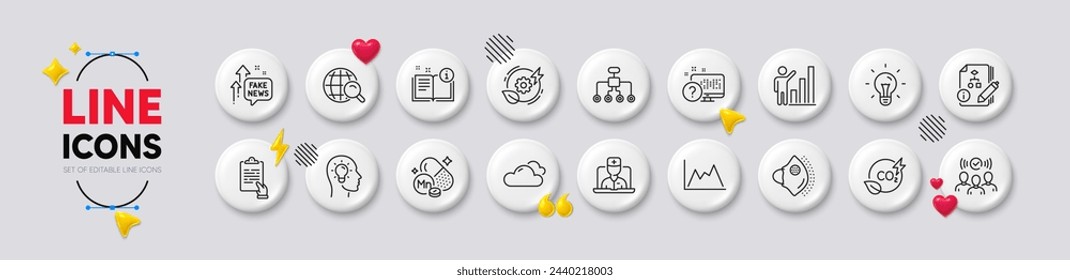 Manganese mineral, Co2 gas and Green energy line icons. White buttons 3d icons. Pack of Manual, Diagram, Idea head icon. Medical mask, Idea, Algorithm pictogram. Vector