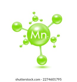 Manganese mineral in the form of atoms molecules green glossy. Manganese icon 3D isolated on white background. Minerals vitamins complex. Medical and science concept. Vector EPS10 illustration.