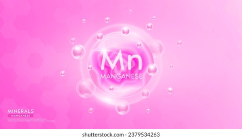 Minerales de manganeso dentro de una burbuja rosa flotando en el aire. Complemento esencial del complejo de vitaminas para la atención de la salud. Para nutrición alimentaria y medicina. Concepto científico médico. Vector 3D del cartel.