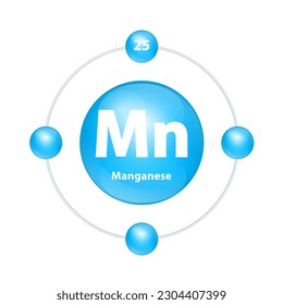 Manganese (Mn) Icon structure chemical element round shape circle light blue with surround ring. Period number shows of energy levels of electron. Study science for education. 3D Illustration vector.