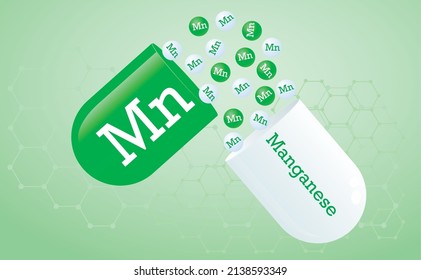 Manganese, trace element. Capsule with Mn element icon. Healing minerals. Medical background honeycomb grid of hexagons in green color. Poster. Vector illustration