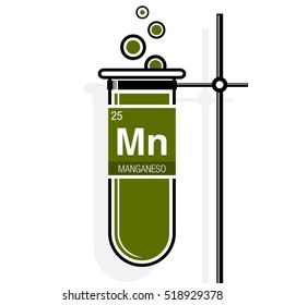 Manganeso symbol - Manganese in Spanish language - on label in a green test tube with holder. Element number 25 of the Periodic Table of the Elements - Chemistry