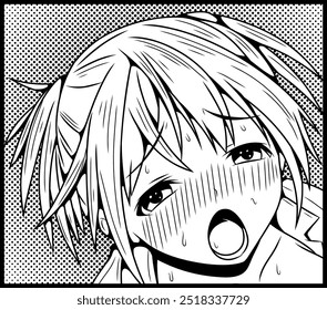 Manga-style black and white illustration of a blushing anime girl with an intense expression, sweat, and open mouth. Halftone background, dynamic lines and emotional detail. Comic lovers and manga art