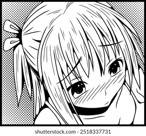 Manga-style black and white illustration of a blushing anime girl with an intense expression, sweat, and open mouth. Halftone background, dynamic lines and emotional detail. Comic lovers and manga art