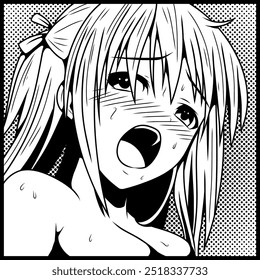 Manga-style black and white illustration of a blushing anime girl with an intense expression, sweat, and open mouth. Halftone background, dynamic lines and emotional detail. Comic lovers and manga art