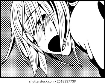 Manga-style black and white illustration of a blushing anime girl with an intense expression, sweat, and open mouth. Halftone background, dynamic lines and emotional detail. Comic lovers and manga art