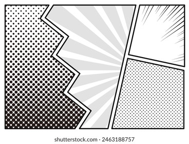 Manga-style frame illustration with dots, gradation dots, radiation, and saturated line background, black and white.