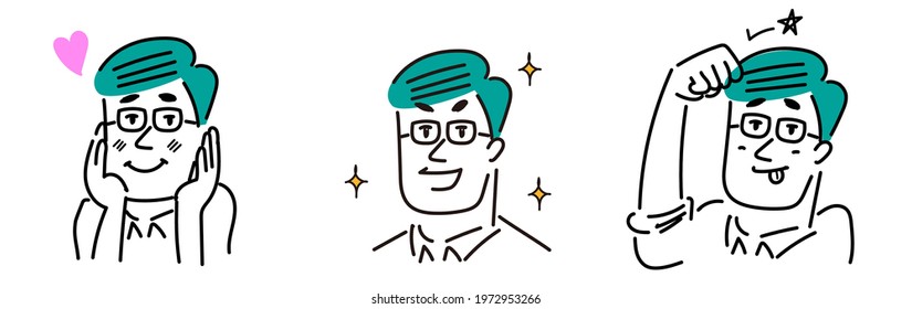 Manga-style illustration material of a middle-aged man wearing glasses. Shiny. Glitter. Self-deprecation.