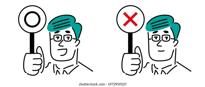 Manga-style illustration material of a middle-aged man wearing glasses.  Holding a YES and NO sign.