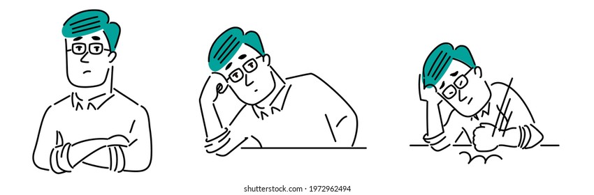 Manga-style illustration material of a middle-aged man wearing glasses. He is worried. Thinking. Regrettable.