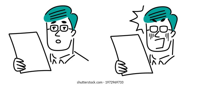 Manga-style illustration material of a middle-aged man wearing glasses. He is looking at a paper. He is very surprised