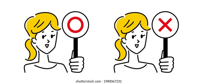 Manga-style illustration material of a woman  hanging a YES and NO sign.