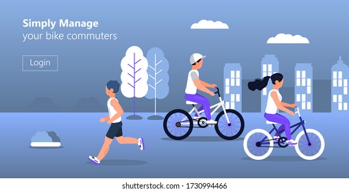 Mange bike commuter concept vector for homepage. City park, urban landscape in trendy colours. Bicycle rent service in any location of town. People are riding bikes. 