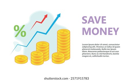 Mange and save money, business investment, wealth management, coins and increasing graph, copy space for text