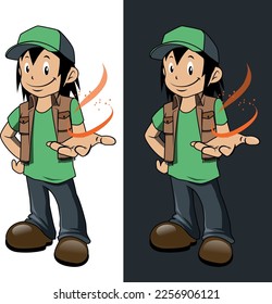 Personaje de estilo dominante, pequeño héroe, pose de victoria, aventura, sosteniendo en mano, con accesorios, coloridos y alegres