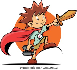 Mange style character, tiny hero, victory pose, adventure, holding in hand, with accessories, colorful and joyful