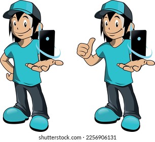 Mange style character, tiny hero, victory pose, adventure, holding in hand, with accessories, colorful and joyful