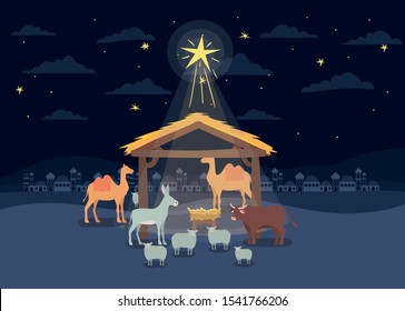 Manger Animals With Cradle In Wooden Stable Vector Illustration Design