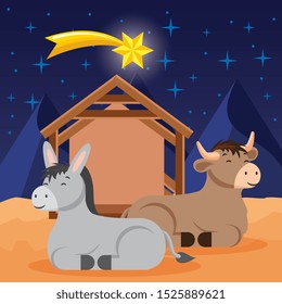 manger with donkey and ox in the night. vector illustration
