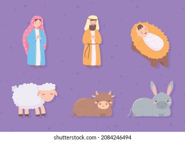 manger family, donkey and sheep set