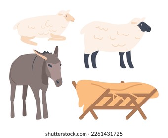 Manger with Hay And Animals Donkey, Sheep and Lamb Isolated on White Background. Livestock Creatures, Farm Personages of Biblical Story about Jesus Birth in barn. Cartoon Vector Illustration