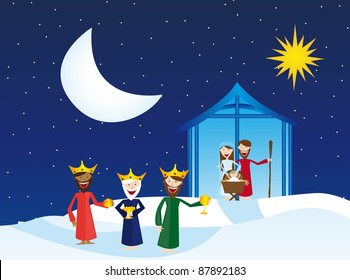 manger with magi over snow, winter landscape. vector