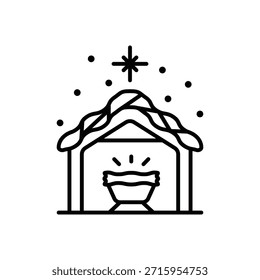 Manger Nativity Scene Line Icon: Religious Christmas Story