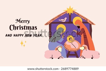 Manger scene 2 christmas card poster banner invitation isolated vector illustration