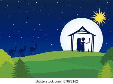 manger silhouette with camels over landscape background. vector