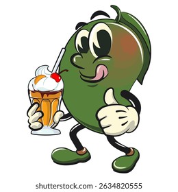 mango retro vektor personagem mascote ilustração trazendo frescas milkshakes sabor manga, trabalho de mão desenhada