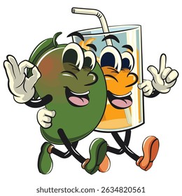manggo retro vektor illustration mascot character walk with aglass of ice juice character while giving a sign and giving an ok sign, work of hand drawn
