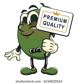 manggo retro vektor illustration mascot character with a sign that says premium quality, work of hand drawn