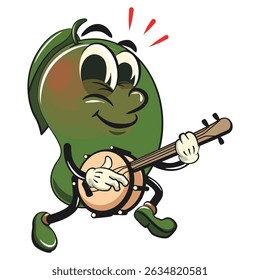 manggo retro vektor ilustração mascote personagem tocando o instrumento musical banjo, obra de mão desenhada