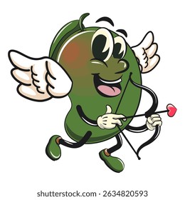 manggo retro vektor illustration mascot character become a cupid with angel wings and the arrow of love, work of hand drawn