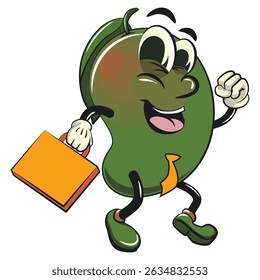 manggo retro vektor illustration mascot character in a suitcase rushing to the office, work of hand drawn