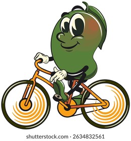 manggo retro vektor illustration mascot character enjoy riding a bike, work of hand drawn