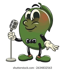 manggo retro vektor illustration mascot character on front of the mic become a stand up comedian, work of hand drawn